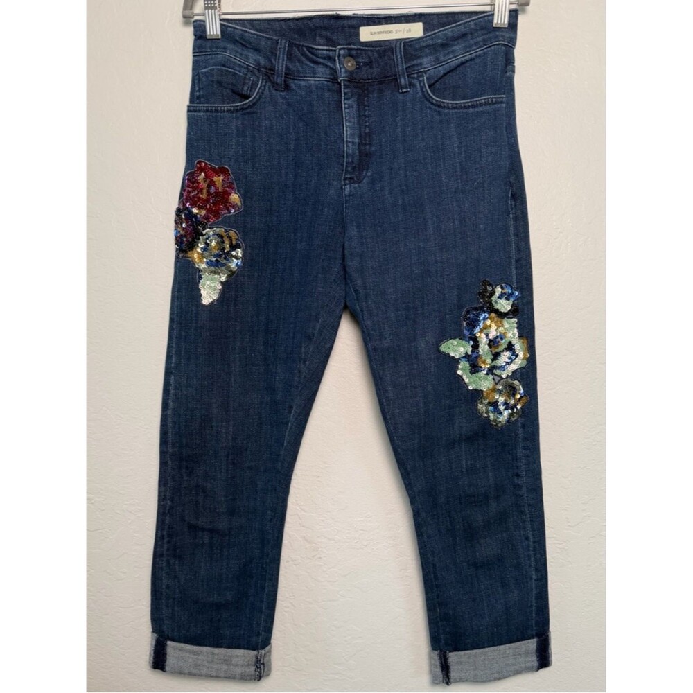 Anthropologie Pilcro Sequin Floral Embroidered Slim Boyfriend Jeans 28 Crop - Picture 2 of 16
